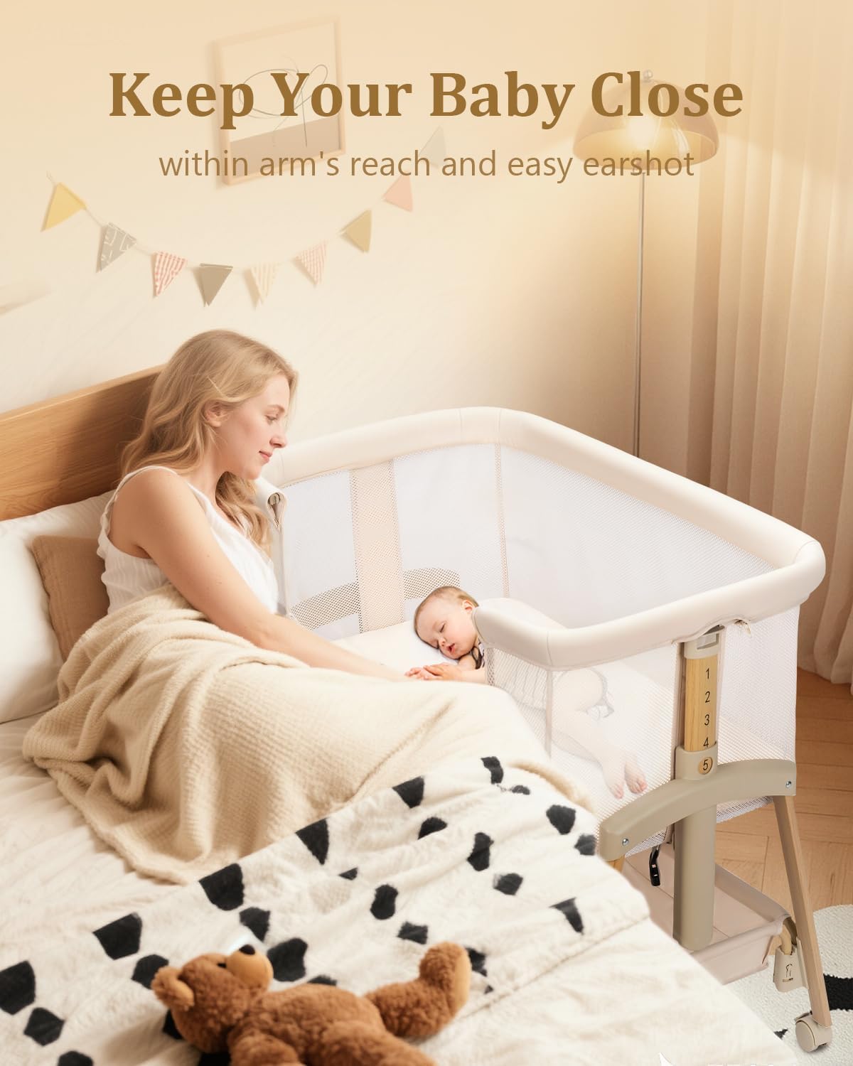 3 in 1 Baby Bassinet with Wheels, Bedside Bassinet Sleeper for Newborn, Portable Baby Crib with 7 Adjustable Height & Large Storage Basket & Full-Mesh, Easy Folding Baby Bed for Infant (Beige)