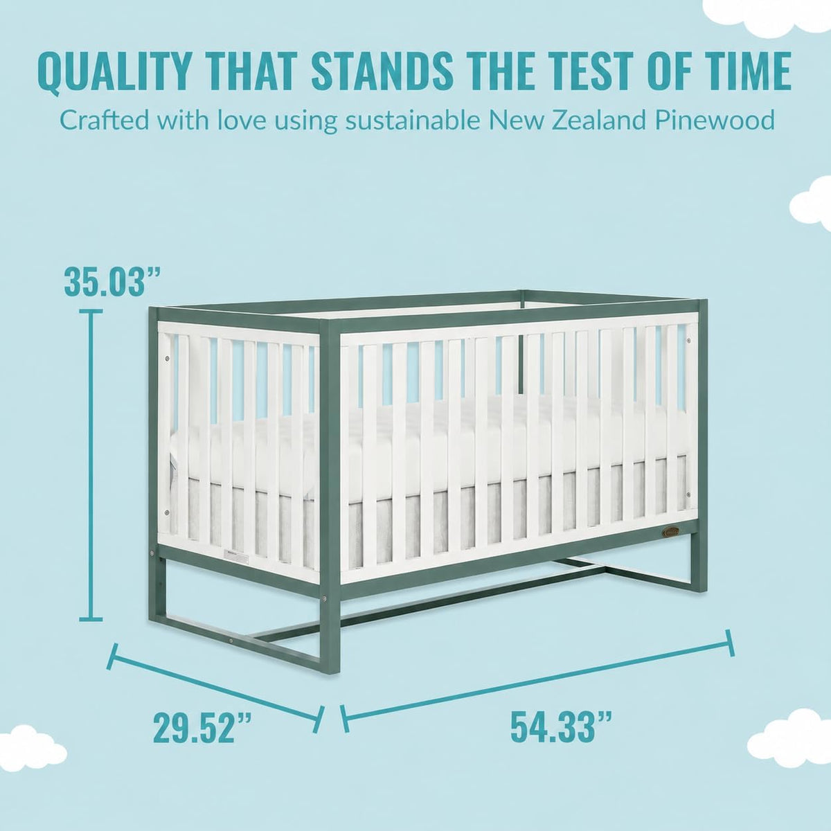 Dream On Me Arlo 5-in-1 Convertible Full-Size Baby Crib in Jungle Green, GreenGuard Gold & BSA, Converts to Toddler, Day & Full-Size Bed, 3 Mattress Heights, Non-Toxic Finish, Sustainable Pinewood
