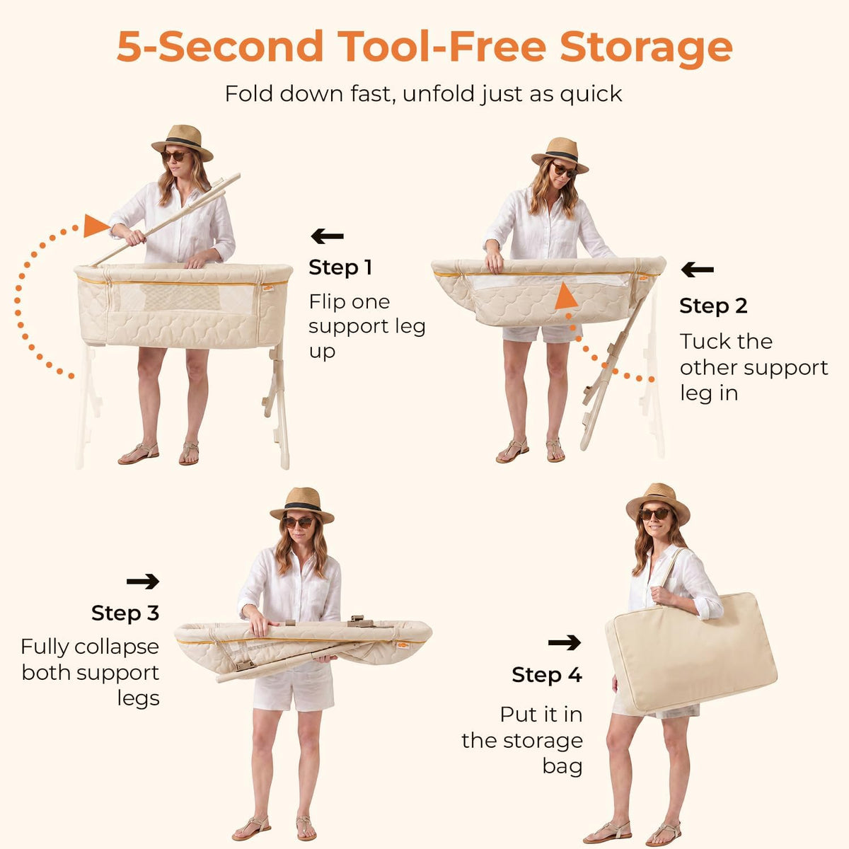 Pamo babe Bedside Bassinet for Baby, 3-in-1 Foldable Travel Bassinet with Wheels, Portable Baby Bassinet Adjustable Height, Storage Bag, Baby Bedside Sleeper Ideal Gift for Newborn Parents (Beige)