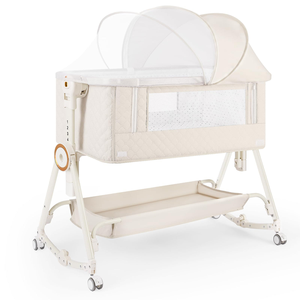 Baby Bassinet 5 in 1,Baby Bedside Bassinet with Diaper Changer, Mosquito Net, Mattress, Storage Layer, Can Be Stored in One Button Travel Crib (Gray)