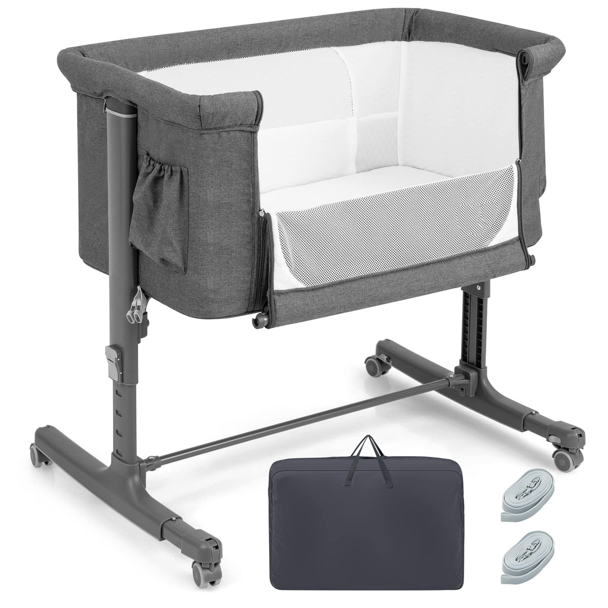 HONEY JOY Baby Bassinet Bedside Sleeper, 3-in-1 Easy Folding Portable Crib for Baby with Wheels, 5 Adjustable Heights, Easy to Assemble Bed to Bed, Mattress & Carry Bag for Infant Newborn (Pink)