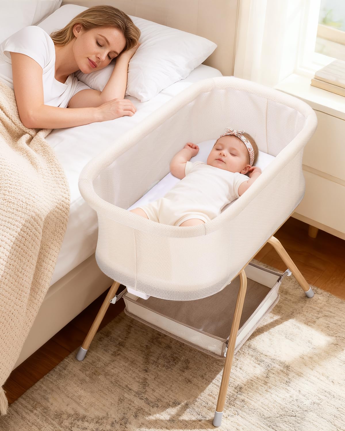 3 in 1 Baby Bassinet, Rocking Bedside Bassinet for Baby with Mesh Design & Soft Mattress, Bassinet Bedside Sleeper for Newborn Infant，Portable Nest with Storage Basket, Easy Assemble & Folding Beige