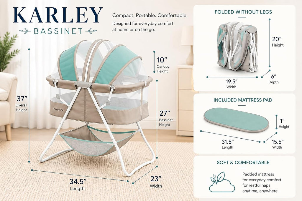 Dream On Me Karley Portable Infant Bassinet, Double Mesh Canopy, Blue/Grey