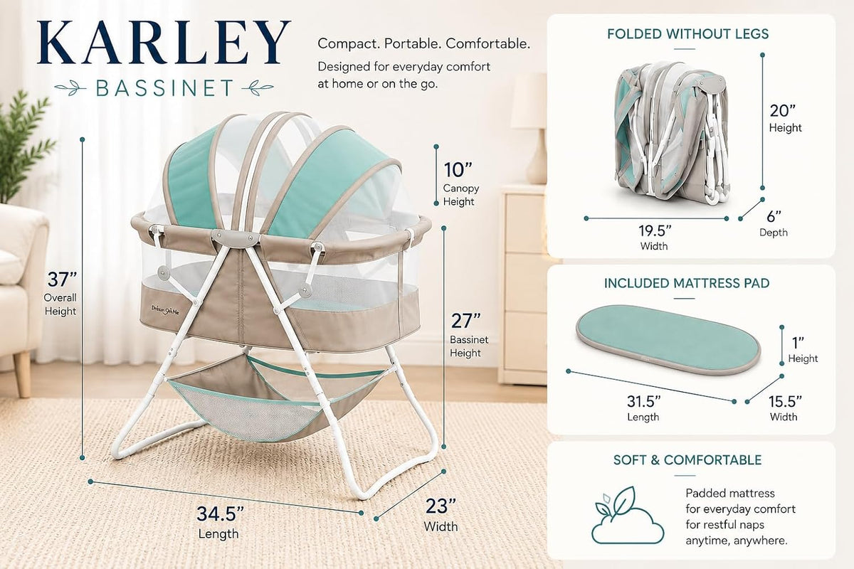 Dream On Me Karley Portable Infant Bassinet, Double Mesh Canopy, Blue/Grey
