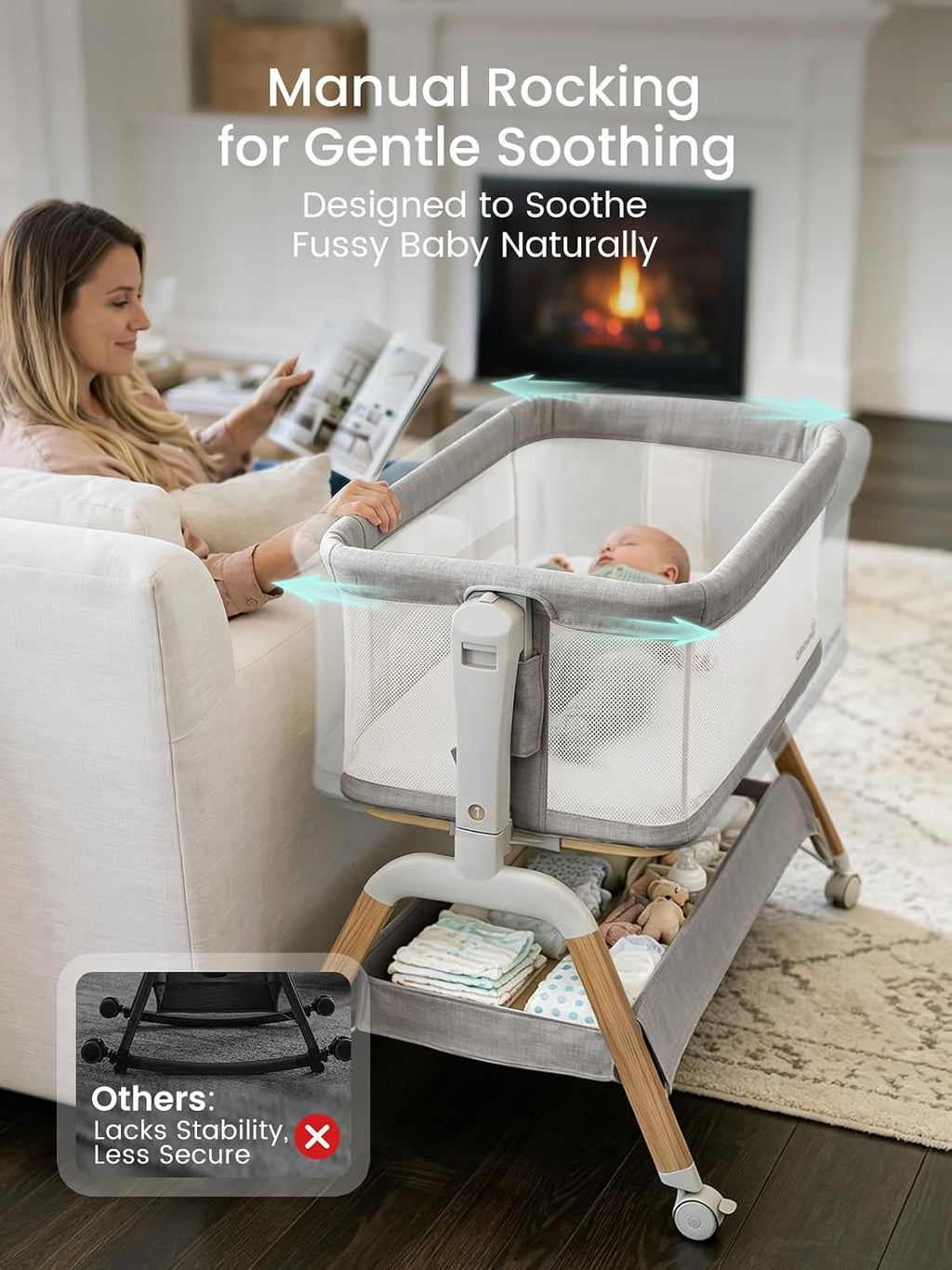 GROWNSY 5-in-1 Baby Bassinet Bedside Sleeper with Gentle Manual Rocking