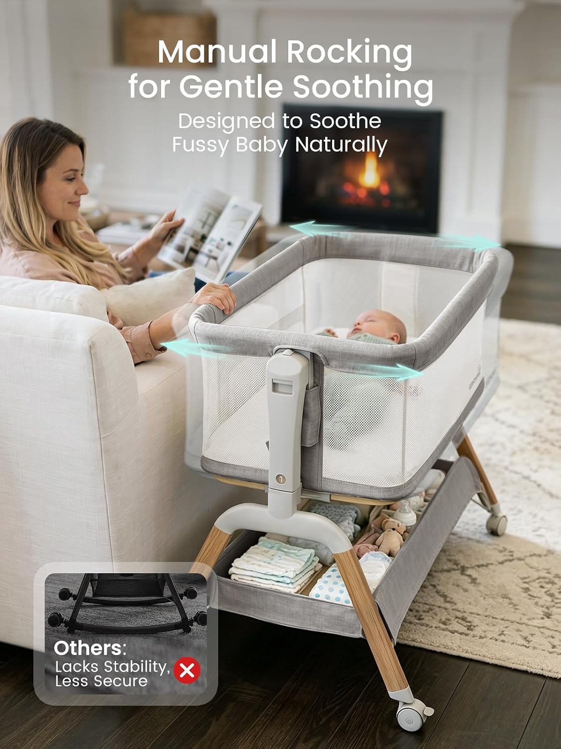 GROWNSY 5-in-1 Baby Bassinet Bedside Sleeper with Gentle Manual Rocking