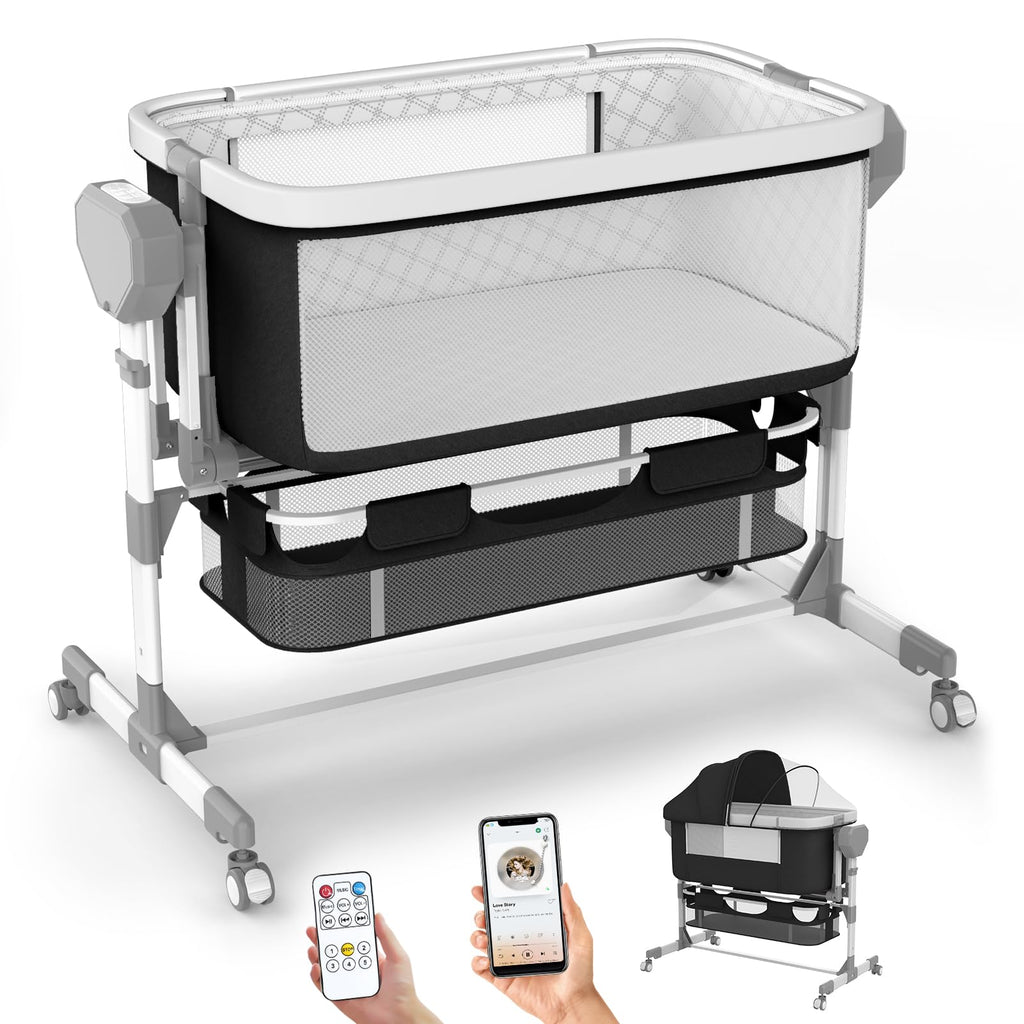 Rocking Bassinet for Baby, Electric Bassinet Automatic 5 Rocking Motion Bassinet Bedside Sleeper for Newborn, Auto Rolling Baby Cradle 6 Height Adjustable with 4 Lullabies, Wheels, Storage