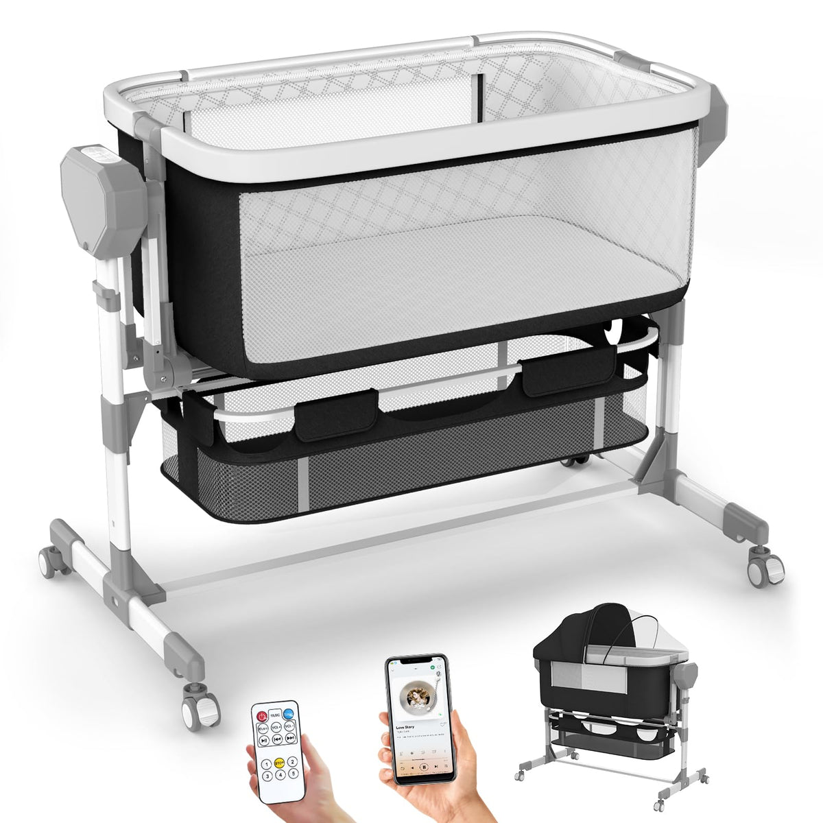 Rocking Bassinet for Baby, Electric Bassinet Automatic 5 Rocking Motion Bassinet Bedside Sleeper for Newborn, Auto Rolling Baby Cradle 6 Height Adjustable with 4 Lullabies, Wheels, Storage