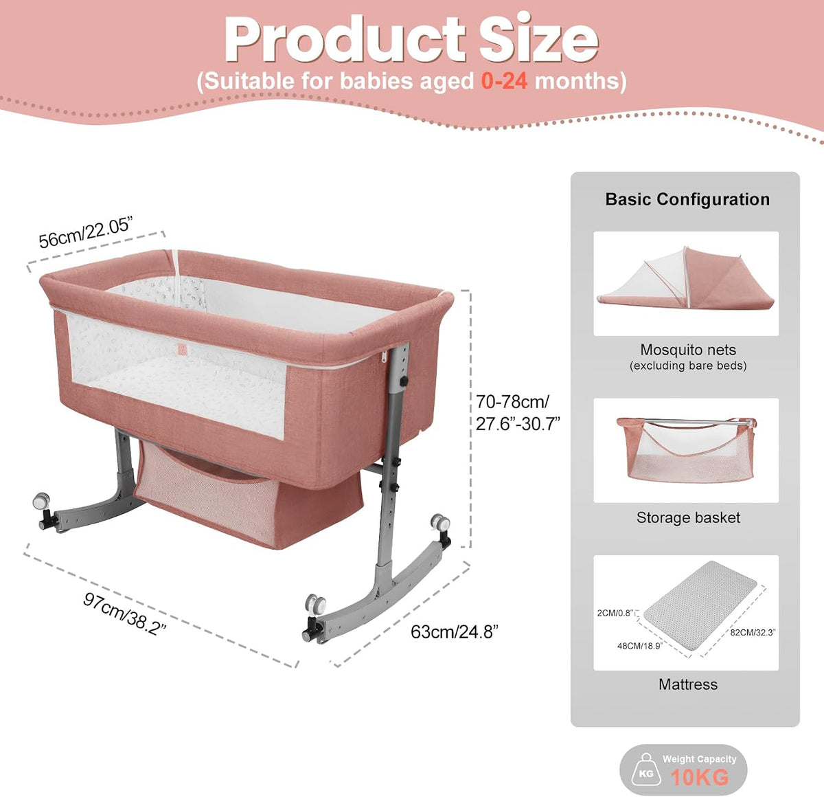 Bedside Bassinet Baby Crib, 3-in-1 Bedside Crib, 6 Levels Height Adjustable Baby Crib with Basket & Mosquito Net, Wheels, Portable Newborn Infant Cradle Bassinet Pink