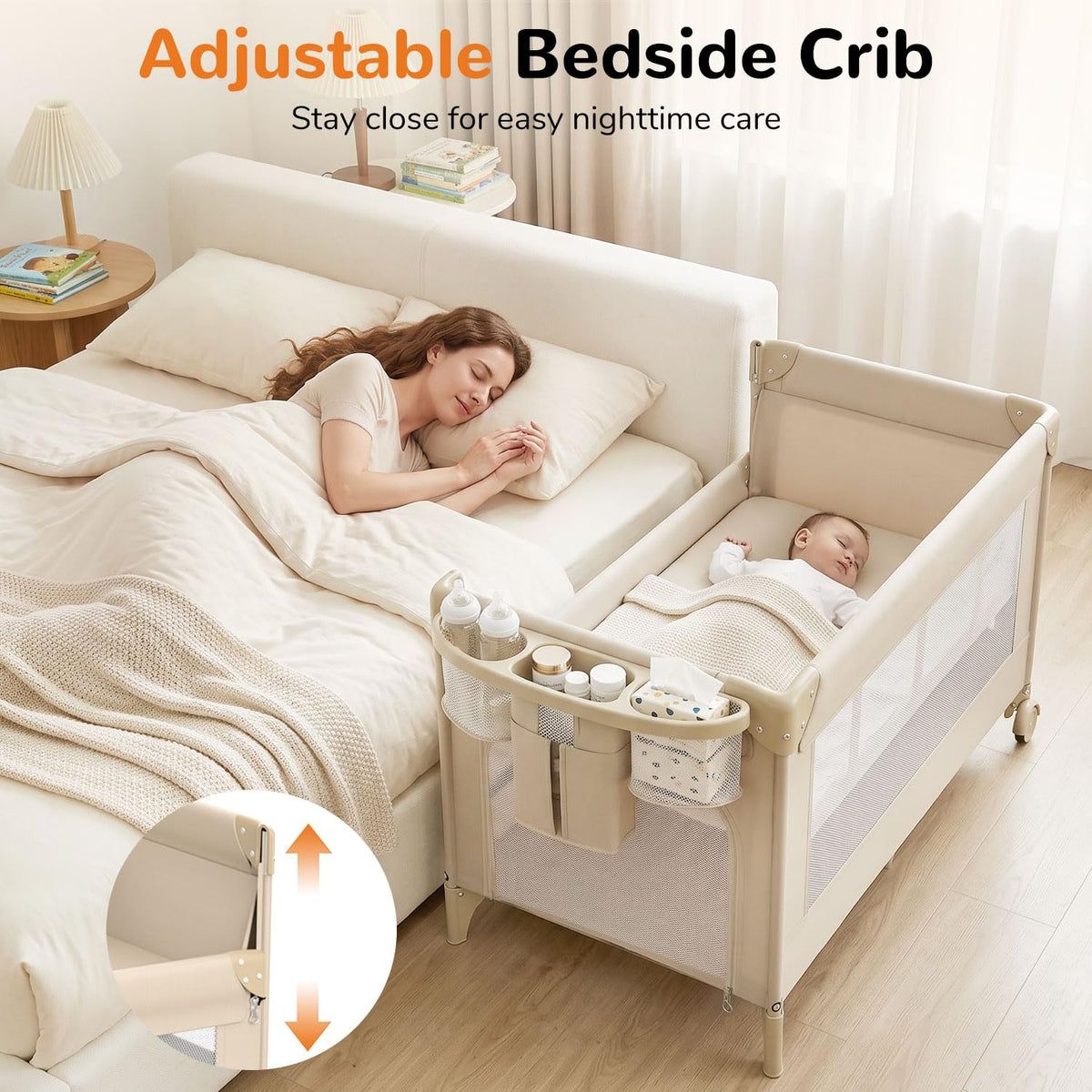 4 in 1 Foldable Pack and Play with Bassinet and Changing Table, Bedside Crib Sleeper with Mattress, Mosquito Net and Toy Bar for Newborn to Toddler, Beige