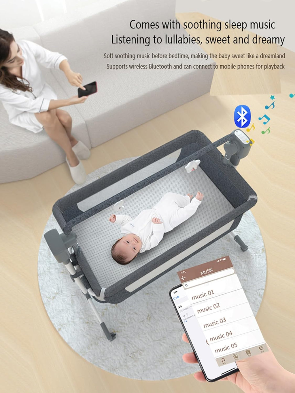 Electric Bluetooth Smart Baby Bedside Crib, Bassinet for Co-Sleeping, Infant Bedside Sleeper Cot, Convertible Foldable Baby Crib with Remote Control, Music and 5 Swaying Gears (601 Pink)
