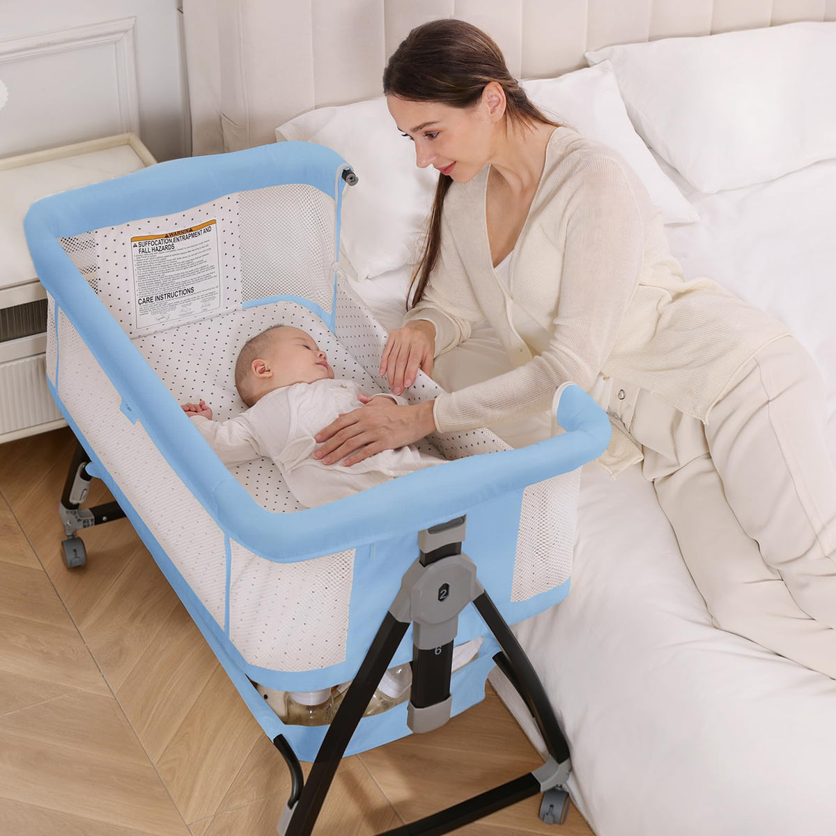 Baby Bassinet, 3-in-1 Bedside Bassinets for Baby, Bassinet Sleeper with Wheels, Baby Bedside Crib with Breathable Mesh, Mosquito Net, 6 Height Adjustable, Large Storage Basket, Easy Assemble & Folding