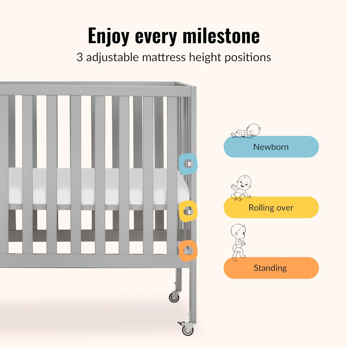Dream On Me Jett Mini Folding Baby Crib in Pebble Grey, GreenGuard Gold & BSA, Lightweight & Portable, Patented Flat Folding System, Small Spaces & Travel, 1.5” Mattress Pad, 3 Heights, Safe Wheels