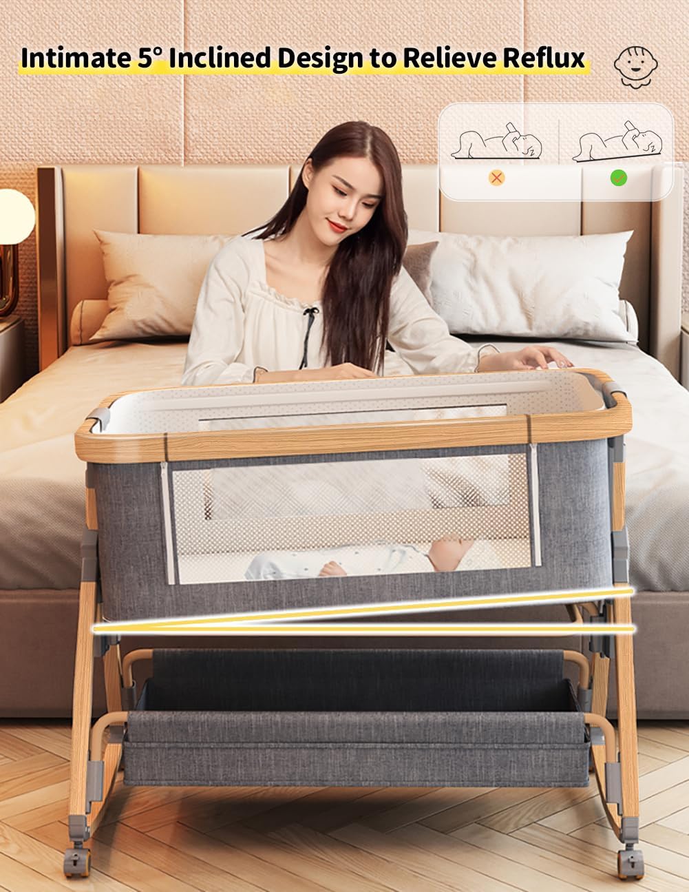Baby Bassinet, Bedside Bassinet for Baby, 4 in 1 Portable Bassinet Bedside Sleeper with Wheels Mosquito Net & Storage Basket, 6 Height Adjustable Rocking Bassinet for Newborn Baby
