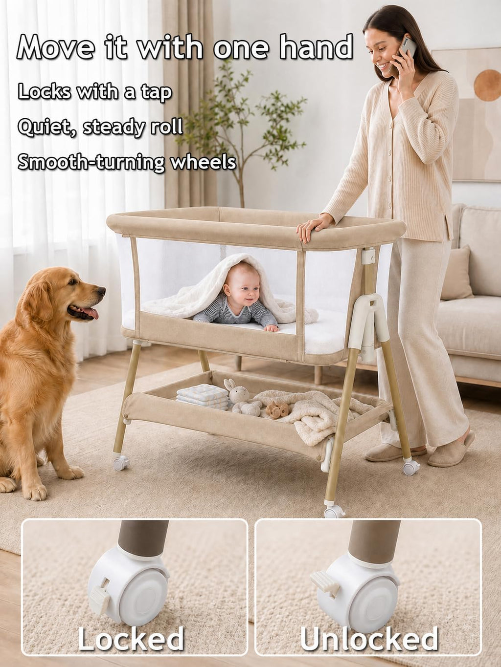 Baby Bassinet Bedside Sleeper, 3-in-1 Rocking & Rolling Crib