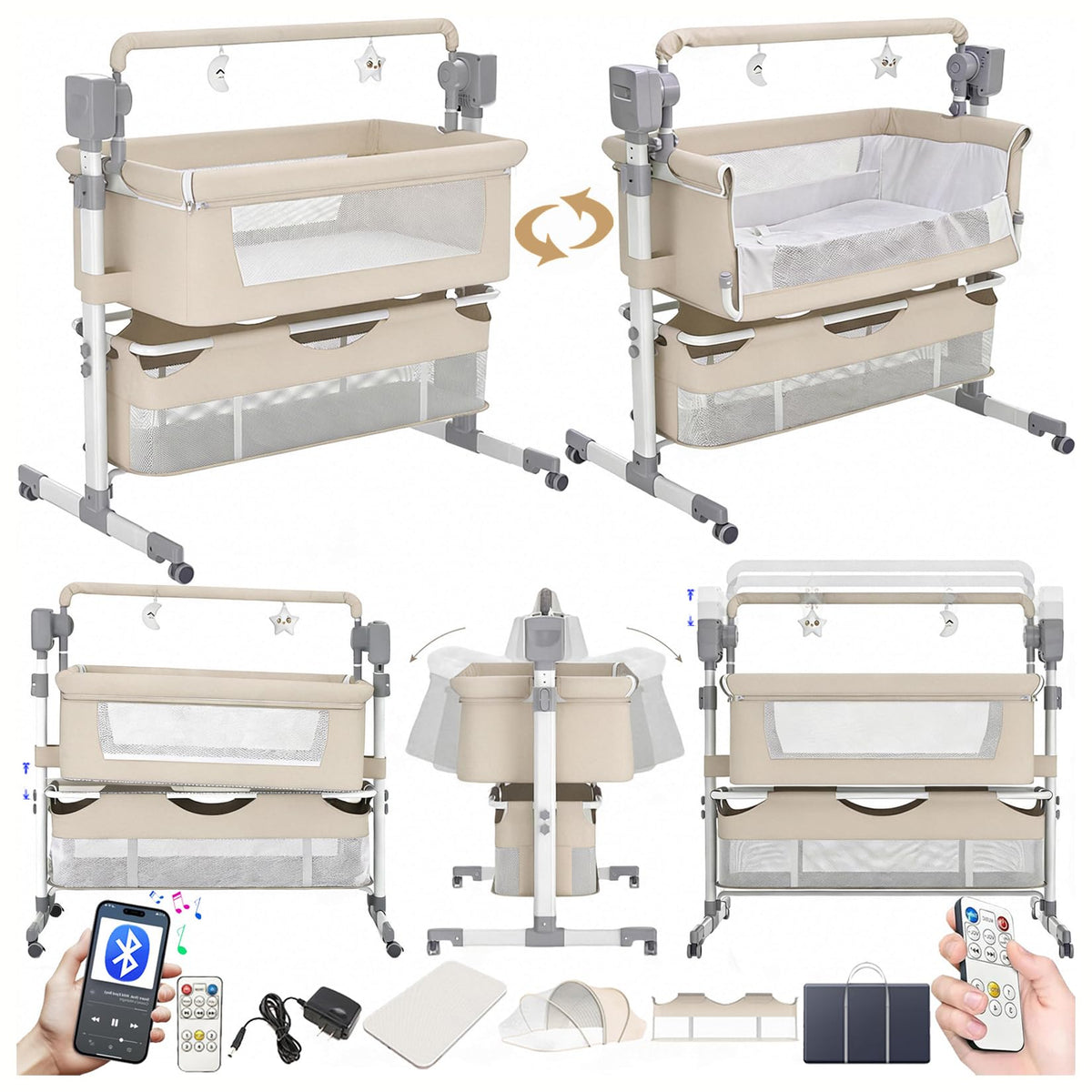 Electric Bluetooth Smart Baby Bedside Crib, Bassinet for Co-Sleeping, Infant Bedside Sleeper Cot, Convertible Foldable Baby Crib with Remote Control, Music and 5 Swaying Gears (601 Pink)