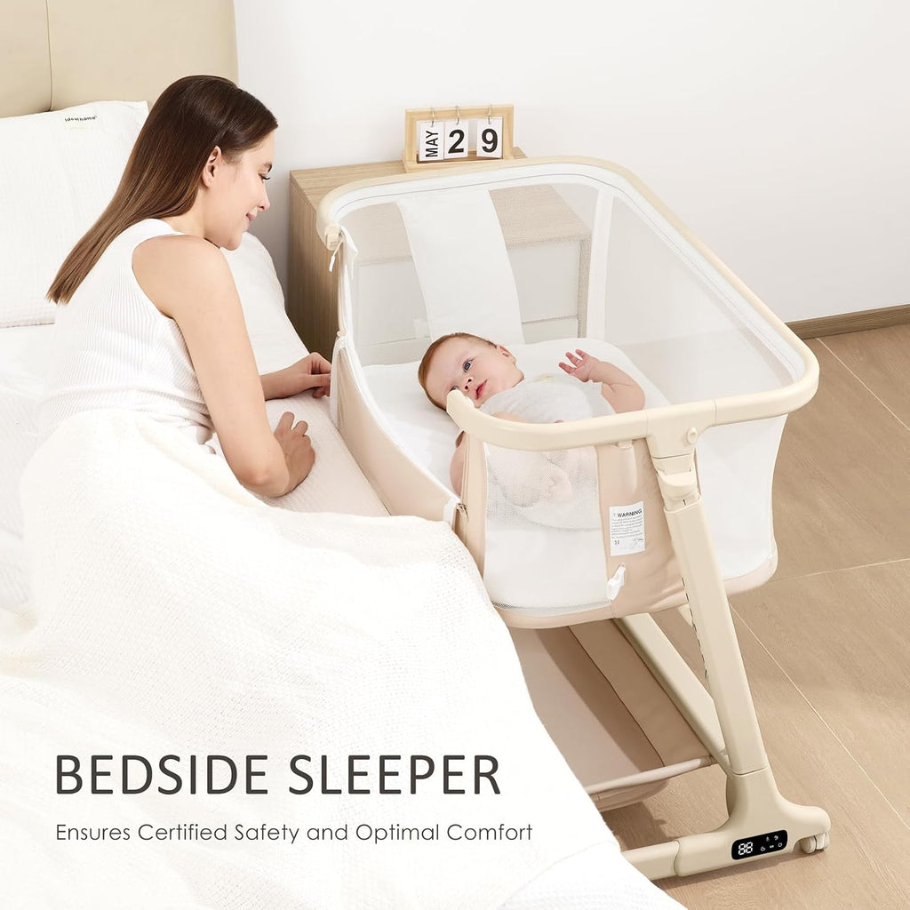 ANGELBLISS Electric Baby Bassinet, Auto Rocking Bedside Sleeper, 6 Heights with Mattress, Washable Sheet, Remote Control, 5 Speeds, 3 Timers, 12 Sounds, Wheels & Storage, Beige