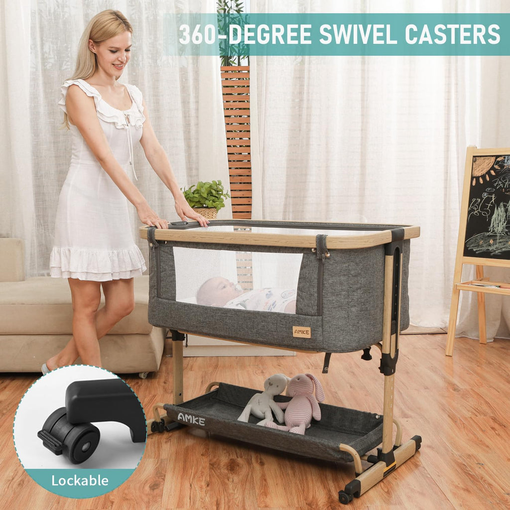 AMKE 3 in 1 Baby Bassinets,All-mesh Bedside Sleeper,Baby Cradle with Storage Basket,Easy Assemble Bassinet for Infant/Newborn,Adjustable Bedside Crib,Safe Portable Baby Bed,Travel Bag Included