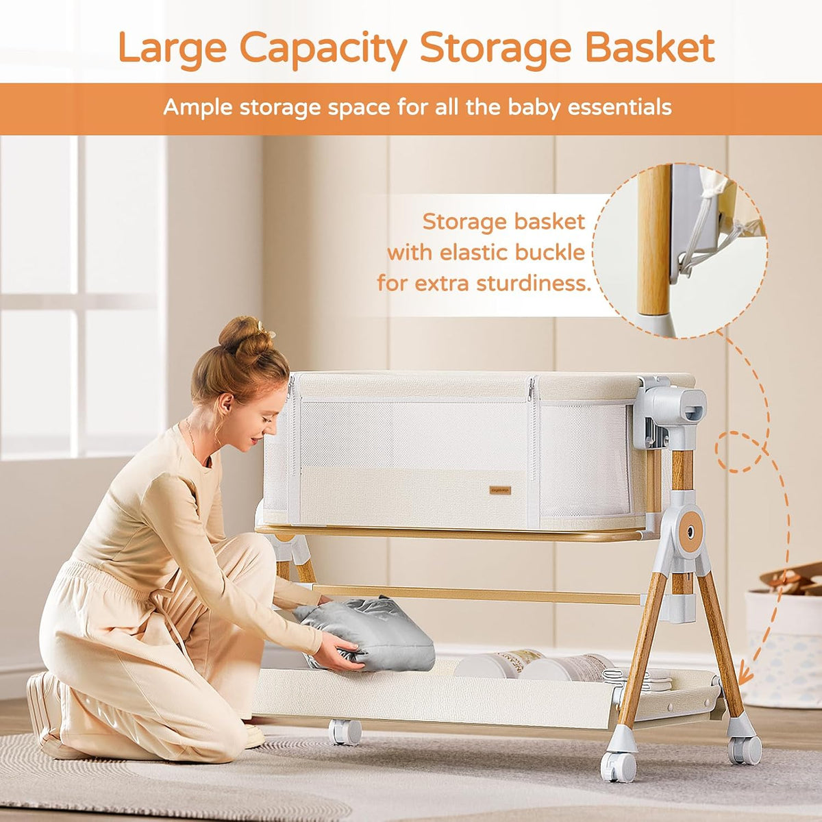 3 in 1 Baby Bassinet,Bedside/Rocking Bassinet for Baby,Bedside Crib with lockable Wheels,Waterproof Mattress,Adjustable 6 Heights,Portable Bassinets Bedside Sleeper for Newborn Infant-Beige