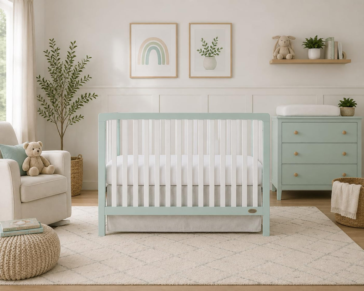 Dream On Me Ridgefield 5-in-1 Convertible Full-Size Baby Crib in Mint & White, GreenGuard Gold & JPMA, 4 Mattress Heights, Converts to Toddler, Day & Full-Size Bed, Solid Wood Design