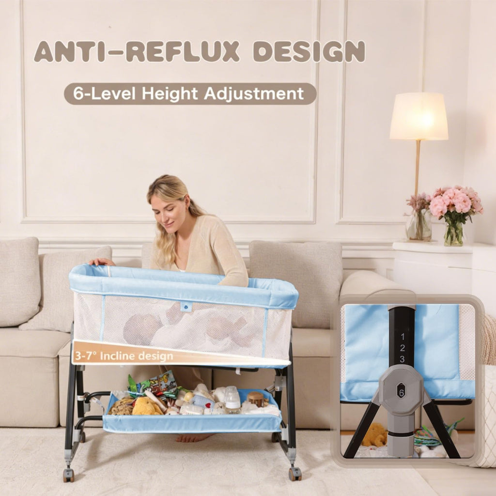 Baby Bassinets Bedside Sleeper with Wheels and Mattress, Cosleeping Baby Bed with Storage, Co-Sleeper Bassinet Attach to Bed, Bed Side Crib with Breathable Mesh, Height Adjustable (Blue)