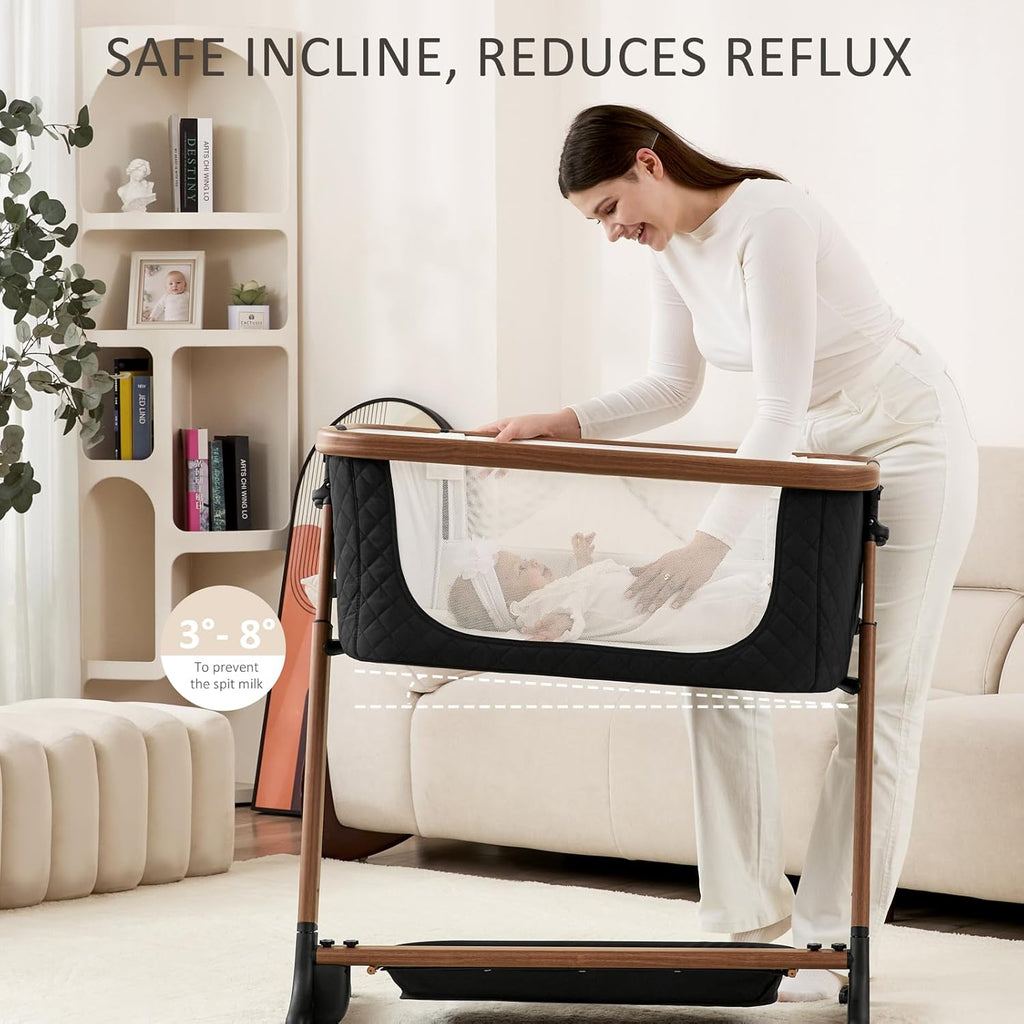 ANGELBLISS Electric Baby Bassinet, Auto Rocking Bedside Sleeper, 6 Heights with Mattress, Washable Sheet, Remote Control, 5 Speeds, 3 Timers, 12 Sounds, Wheels & Storage, Black