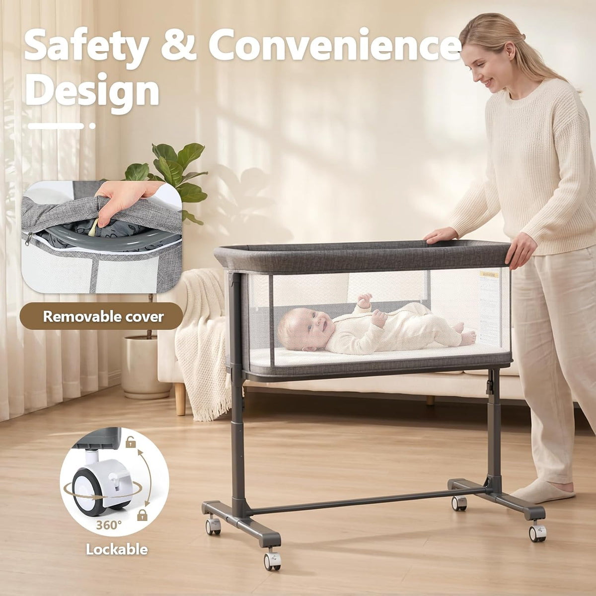 Kinder King Baby Bassinet Bedside Sleeper, Adjustable Heights, Grey