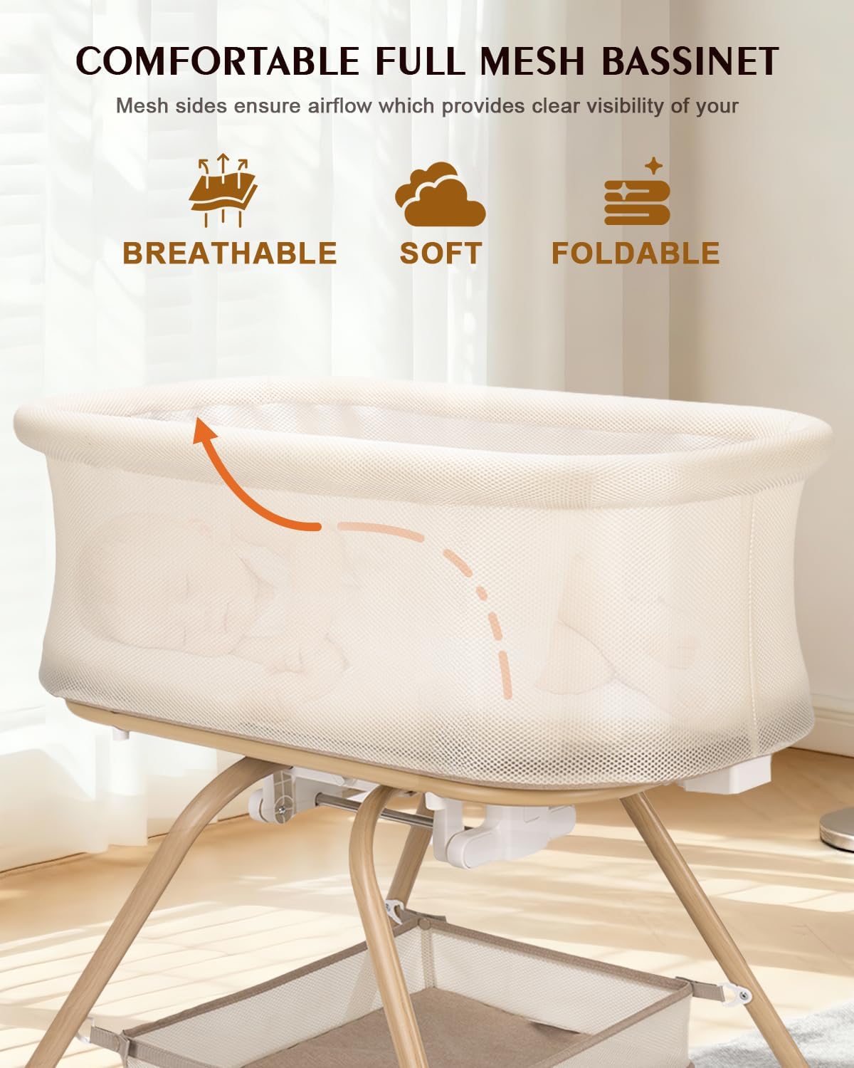 3 in 1 Baby Bassinet, Rocking Bedside Bassinet for Baby with Mesh Design & Soft Mattress, Bassinet Bedside Sleeper for Newborn Infant，Portable Nest with Storage Basket, Easy Assemble & Folding Beige