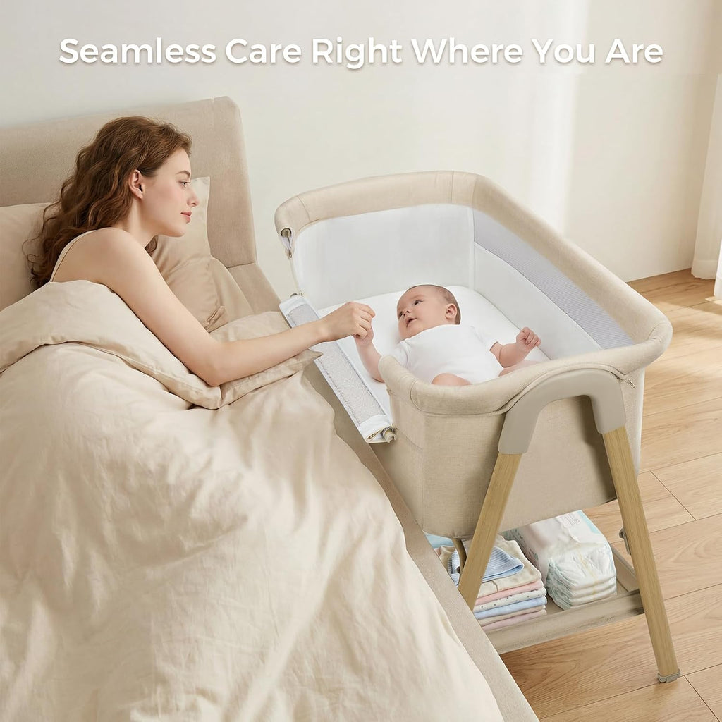 Uuoeebb Baby Bassinet, Bedside Bassinet for Baby, 2-in-1 Bedside Sleeper with Mattress, Half-Mesh Breathable Design, 4 Auto-Lock Wheels, Storage Basket, Easy Assembly (Khaki)