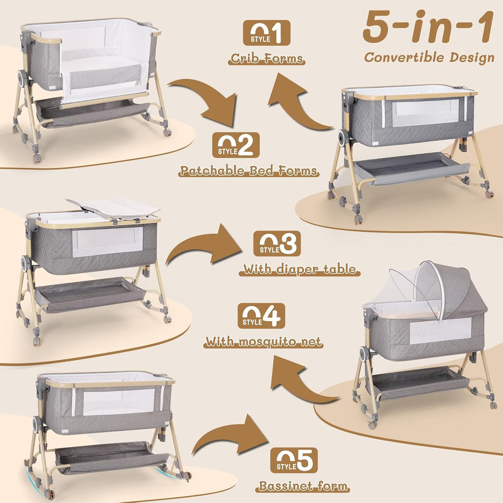 Baby Bassinet 5 in 1,Baby Bedside Bassinet with Diaper Changer, Mosquito Net, Mattress, Storage Layer, Can Be Stored in One Button Travel Crib (Gray)