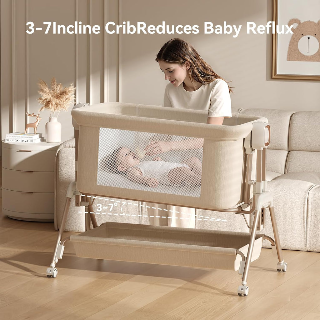 3-in-1 Baby Bassinet Baby Crib Bedside Crib with Mattress, Breathable Mesh Rocking Bassinet, 6-Height Adjustable Baby Bed & Bedside Sleeper for Newborn Infant, Lockable Wheels & Storage Baske