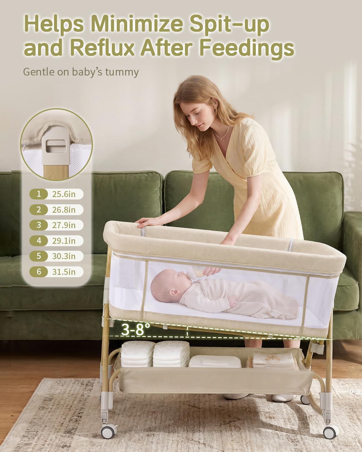Baby Bassinet Bedside Crib, 3-in-1 Baby Bassinet Bedside Sleeper，Rocking Bedside Bassinet with Wheels, Adjustable Easy Folding Portable Bed for Infant Newborn (Beige)