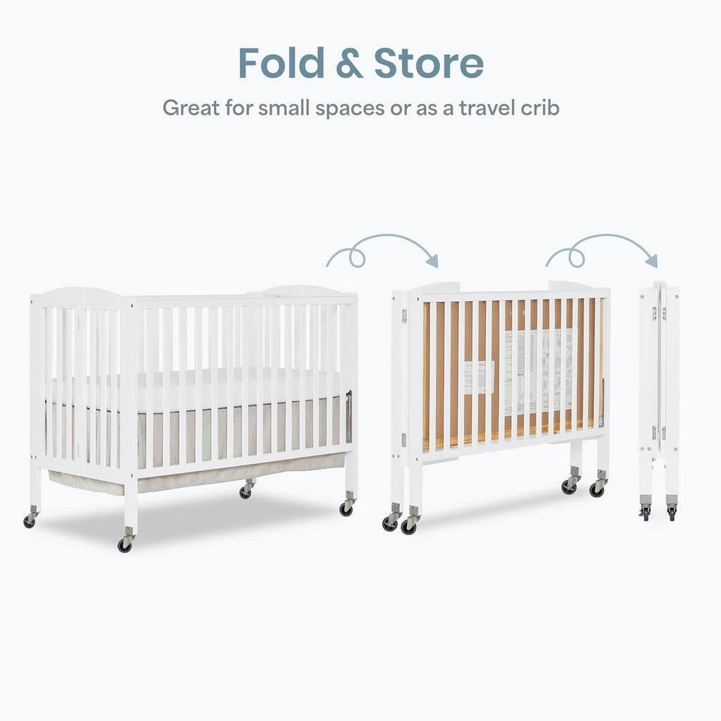 Dream On Me Folding Full Size Convenience Baby Crib with Durable Metal Wheels, Portable Space-Saving Design, 2 Adjustable Heights, Easy Fold Flat Storage, GREENGUARD Gold & BSA Certified, White