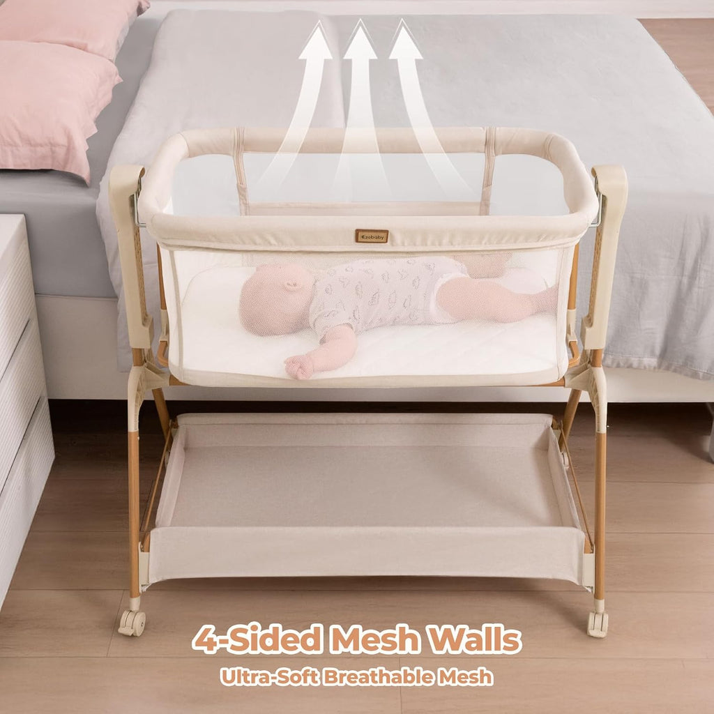 Ezebaby Baby Bassinet Bedside Sleeper: 3-in-1 Rocking Bassinet for Baby - Breathable Full-Mesh Crib with Mattress | 6 Height Adjustable | Portable Crib with Lockable Wheels for Newborns