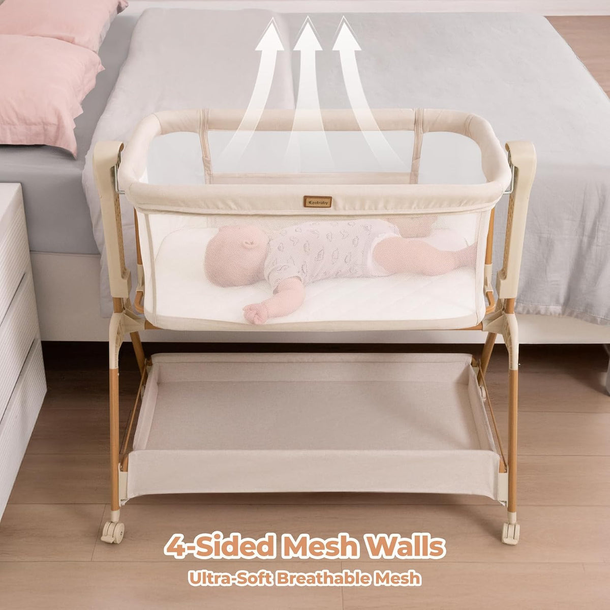 Ezebaby Baby Bassinet Bedside Sleeper: 3-in-1 Rocking Bassinet for Baby - Breathable Full-Mesh Crib with Mattress | 6 Height Adjustable | Portable Crib with Lockable Wheels for Newborns