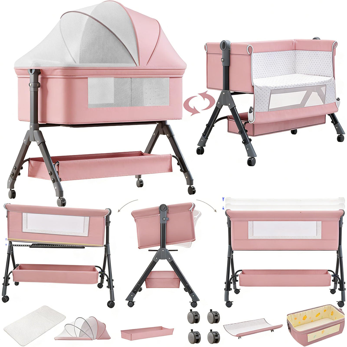 Electric Bluetooth Smart Baby Bedside Crib, Bassinet for Co-Sleeping, Infant Bedside Sleeper Cot, Convertible Foldable Baby Crib with Remote Control, Music and 5 Swaying Gears (601 Pink)