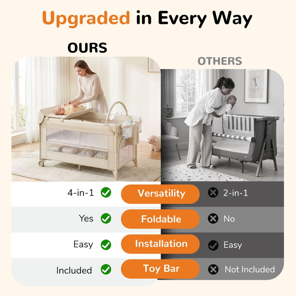 4 in 1 Foldable Pack and Play with Bassinet and Changing Table, Bedside Crib Sleeper with Mattress, Mosquito Net and Toy Bar for Newborn to Toddler, Beige