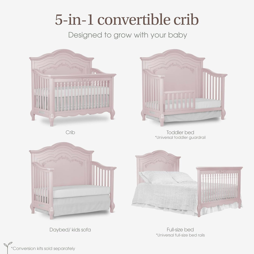 Evolur Aurora 5-in-1 Convertible Full Size Baby Crib, Blush Pink