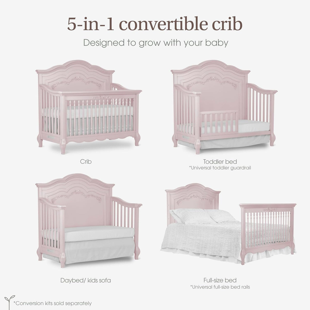 Evolur Aurora 5-in-1 Convertible Full Size Baby Crib, Blush Pink