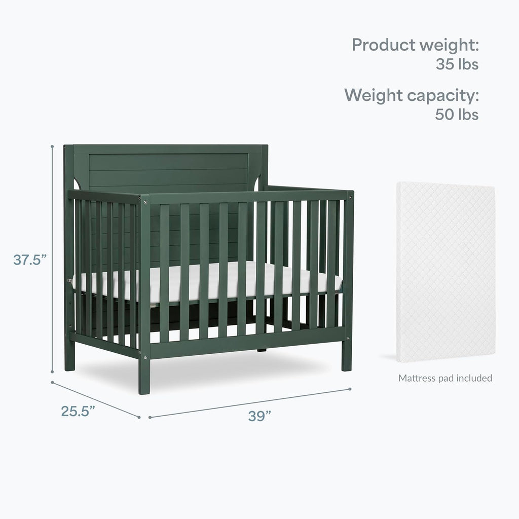 Dream On Me Bellport 4-in-1 Convertible Mini Baby Crib, Compact Design in Safari Green, GreenGuard Gold & BSA, Non-Toxic, Pinewood, Converts to Mini Daybed & Twin Bed, 1″ Mattress Pad