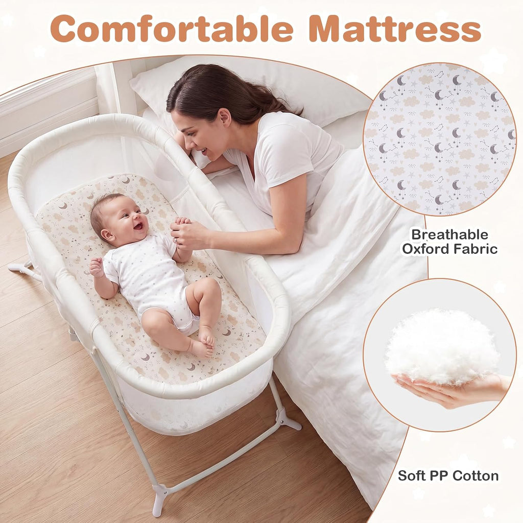 BABY JOY 2 in 1 Bassinet, Foldable Bedside Crib with Breathable Mesh, Comfortable Mattress, Zippered Net Canopy & Portable Bag, Bassinet Bedside Sleeper for Baby, Infant & Newborn (Beige)