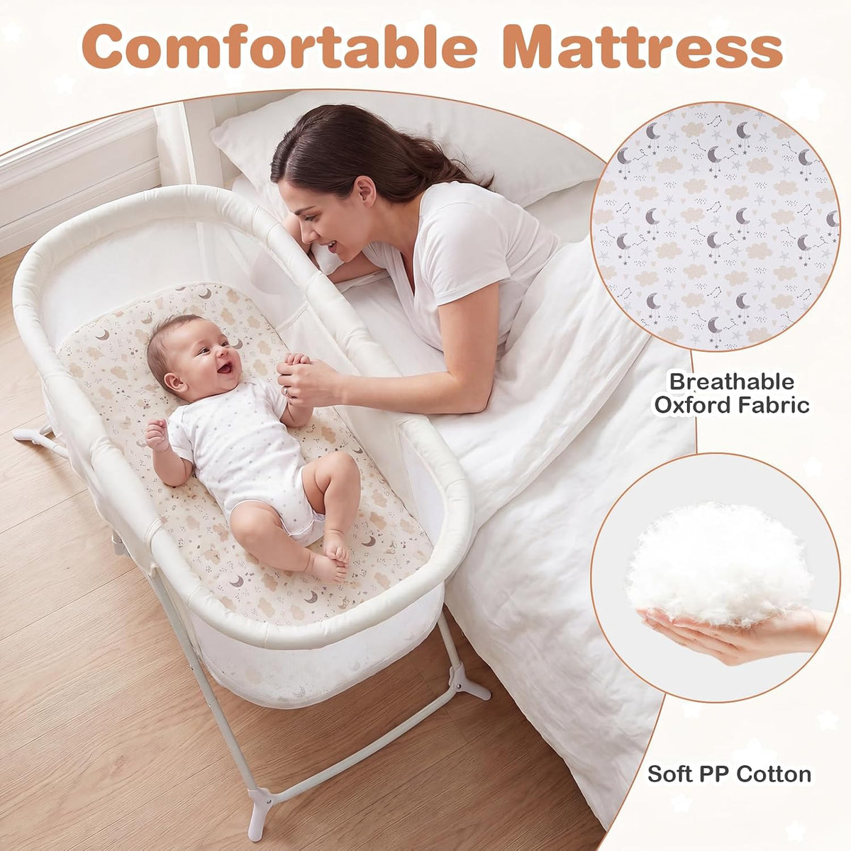 BABY JOY 2 in 1 Bassinet, Foldable Bedside Crib with Breathable Mesh, Comfortable Mattress, Zippered Net Canopy & Portable Bag, Bassinet Bedside Sleeper for Baby, Infant & Newborn (Beige)