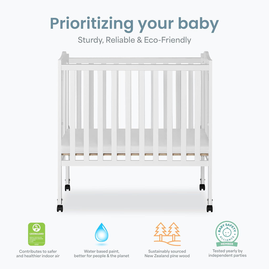 Dream On Me 2-In-1 Lightweight Folding Portable Stationary Side Crib In White, Greenguard Gold Certified, Baby Crib To Playpen, Folds Flat For Storage, Locking Wheels