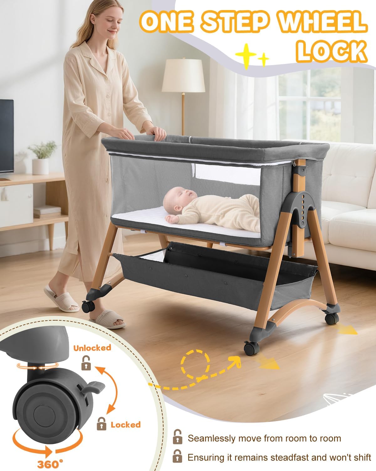 5 in 1 Baby Bedside Bassinet | Rocking Bassinet Bedside Sleeper