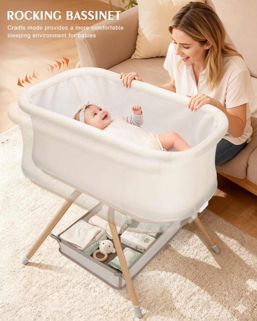3 in 1 Baby Bassinet, Rocking Bedside Bassinet for Baby with Mesh Design & Soft Mattress, Bassinet Bedside Sleeper for Newborn Infant，Portable Nest with Storage Basket, Easy Assemble & Folding Beige