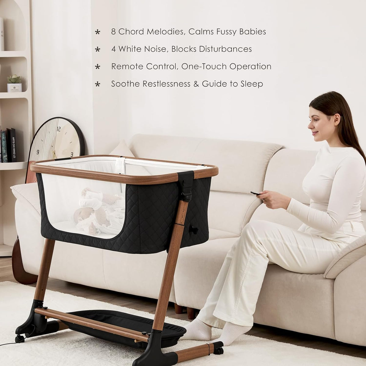 ANGELBLISS Electric Baby Bassinet, Auto Rocking Bedside Sleeper, 6 Heights with Mattress, Washable Sheet, Remote Control, 5 Speeds, 3 Timers, 12 Sounds, Wheels & Storage, Black