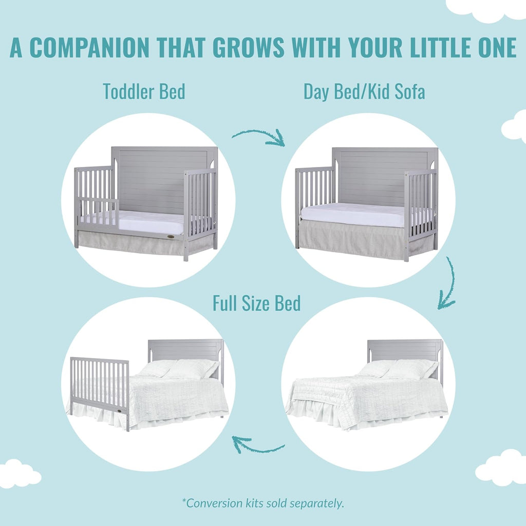 Dream On Me Cape Cod 5-In-1 Convertible Crib In Pebble Grey, Greenguard Gold And JPMA Certified, Built Of Sustainable New Zealand Pinewood, 3 Mattress Height Positions