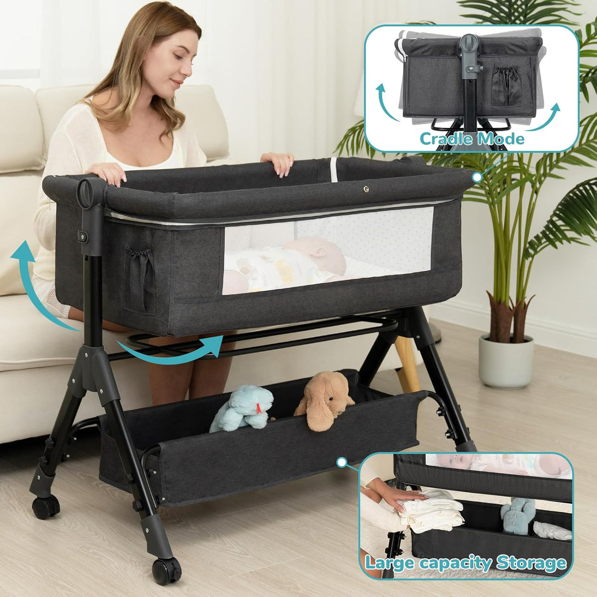BCOL Baby Bassinet, Bedside Bassinet for Baby, 3 in 1 Bassinet Bedside Sleeper with Wheels, Mosquito Net, Adjustable Easy Folding Portable Bed for Infant Newborn (Dark Grey)
