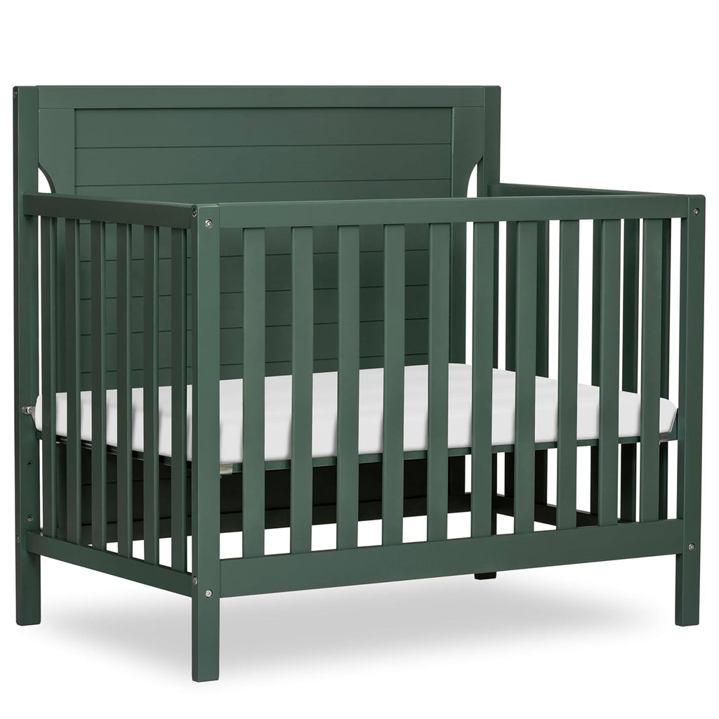 Dream On Me Bellport 4-in-1 Convertible Mini Baby Crib, Compact Design in Safari Green, GreenGuard Gold & BSA, Non-Toxic, Pinewood, Converts to Mini Daybed & Twin Bed, 1″ Mattress Pad