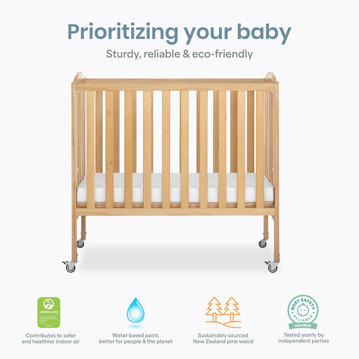 Dream On Me 2-in-1 Portable Mini Crib, Non-Full Size Baby Crib for Small Spaces, 2 Mattress Heights, Compact Travel Design, Includes Mattress, GREENGUARD Gold & BSA Certified, Natural